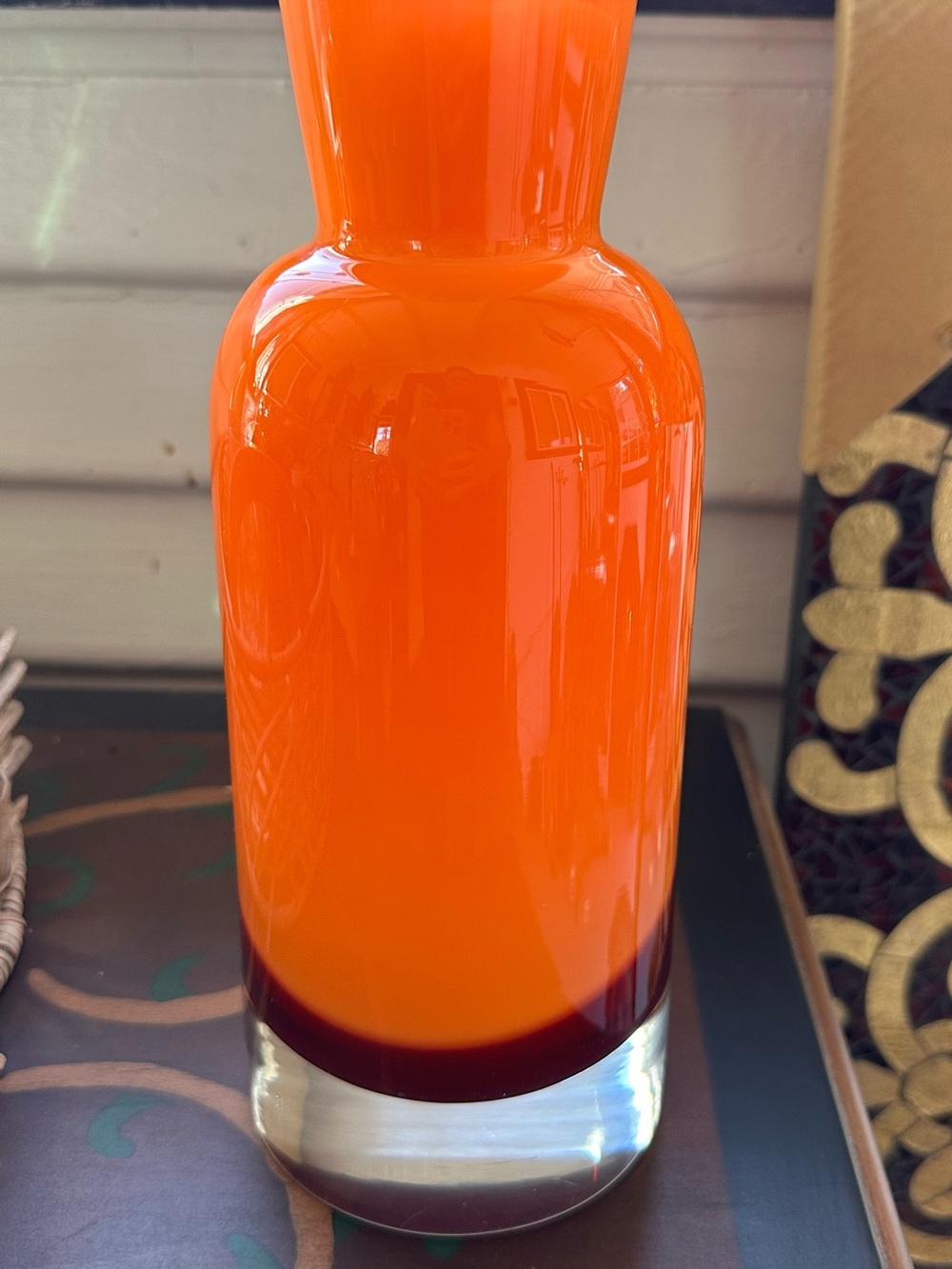 Evolution by waterford thick glass orange red clear art glass vase